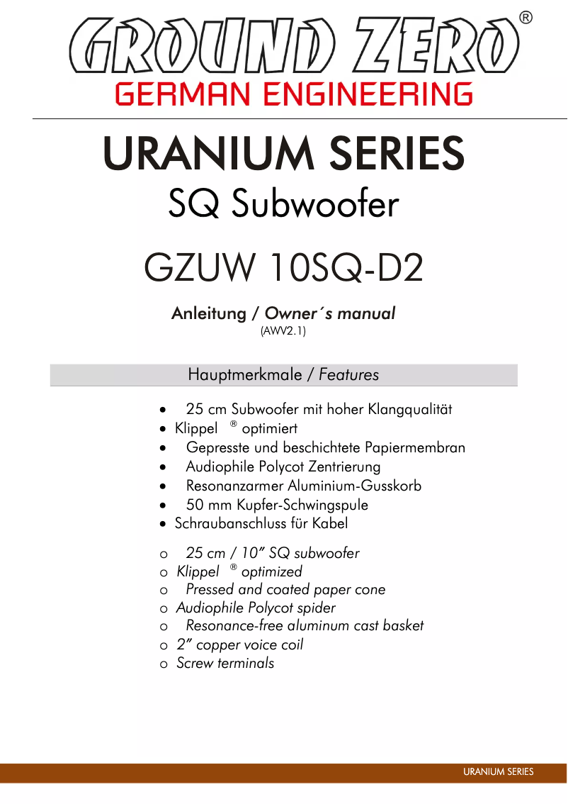 Page 1 de la notice Manuel utilisateur Ground Zero GZUW 10SQ-D2