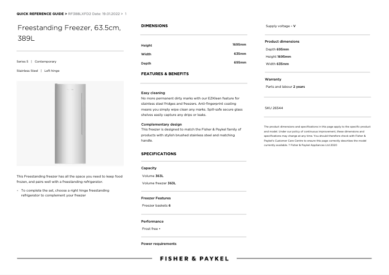 Page 1 de la notice Manuel utilisateur Fisher & Paykel RF388LXFD2