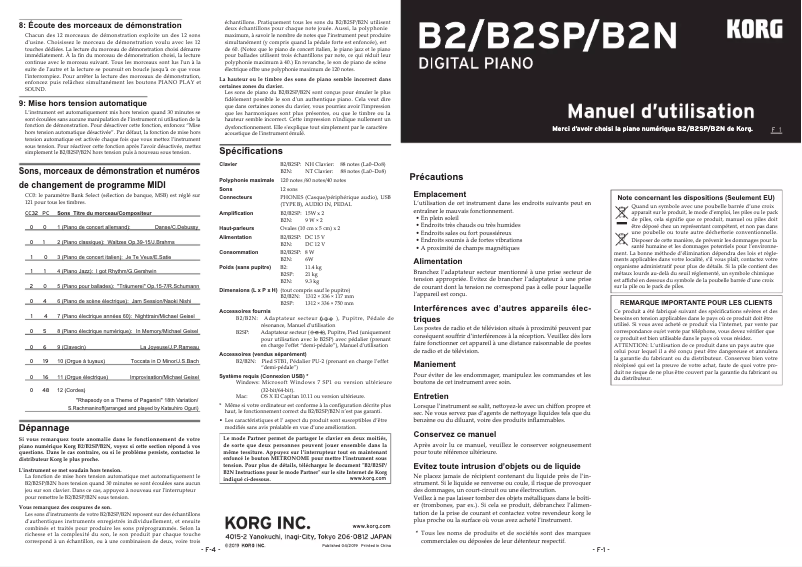 Page 1 de la notice Manuel utilisateur Korg B2