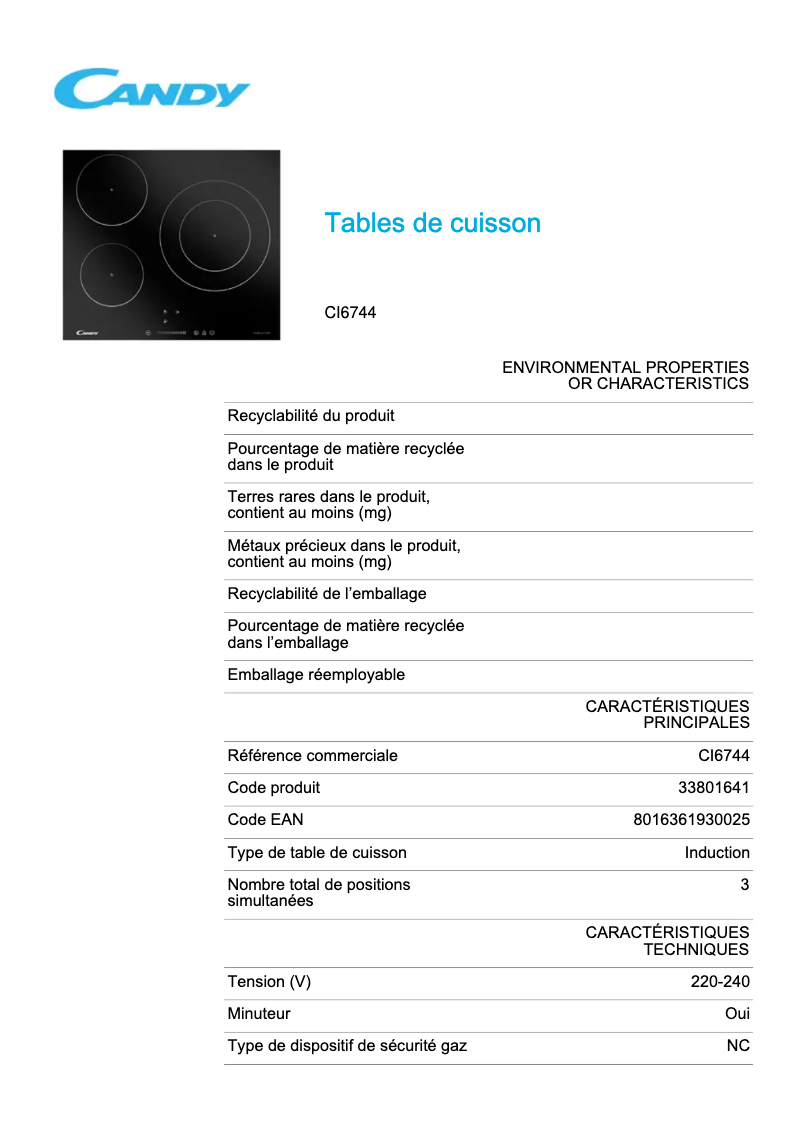 Page 1 de la notice Fiche technique Candy CI6744