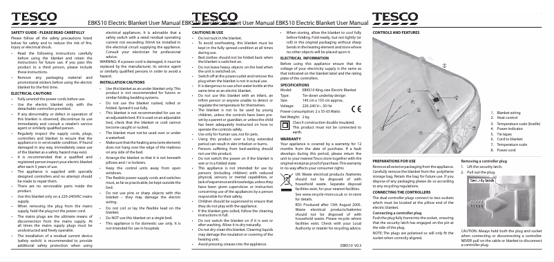 Page 1 de la notice Manuel utilisateur Tesco EBKS10