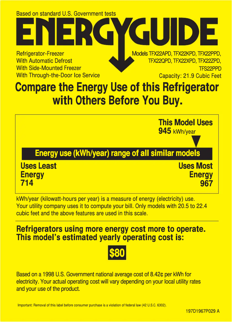 Page 1 de la notice Label énergétique GE Profile Performance TFX22PPDAA