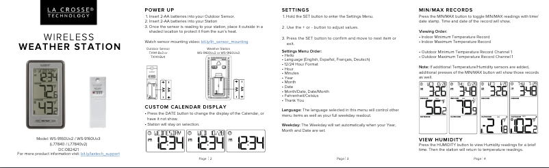 Page n°1 - Guide de démarrage rapide La Crosse Technology WS-9160UV3