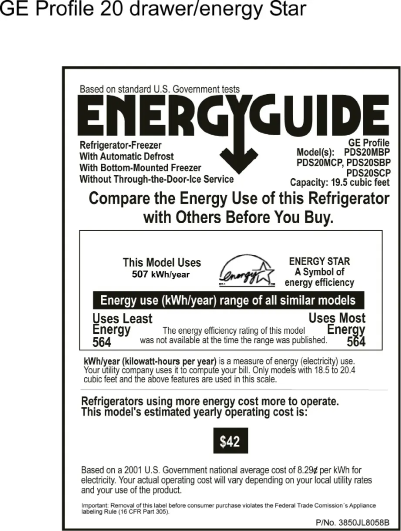 Page 1 de la notice Label énergétique GE Profile PDS20SCPLSS