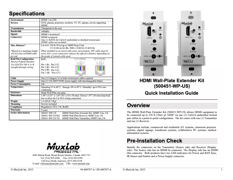 Page 1 de la notice Manuel utilisateur MuxLab HDMI Wall-Plate Extender Kit