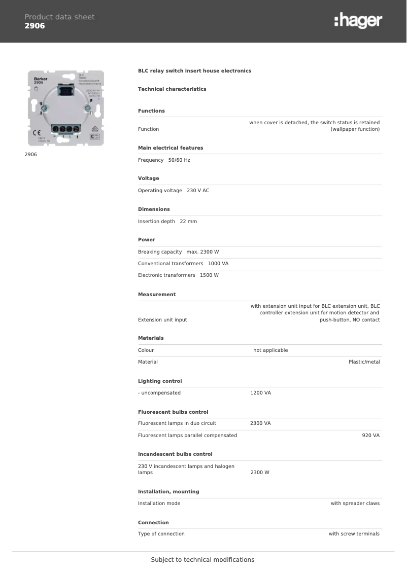 Page n°1 - Fiche technique Berker 2906