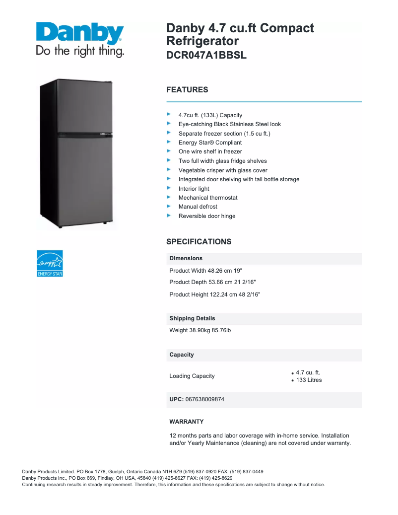 Página 1 del manual Ficha técnica Danby DCR047A1