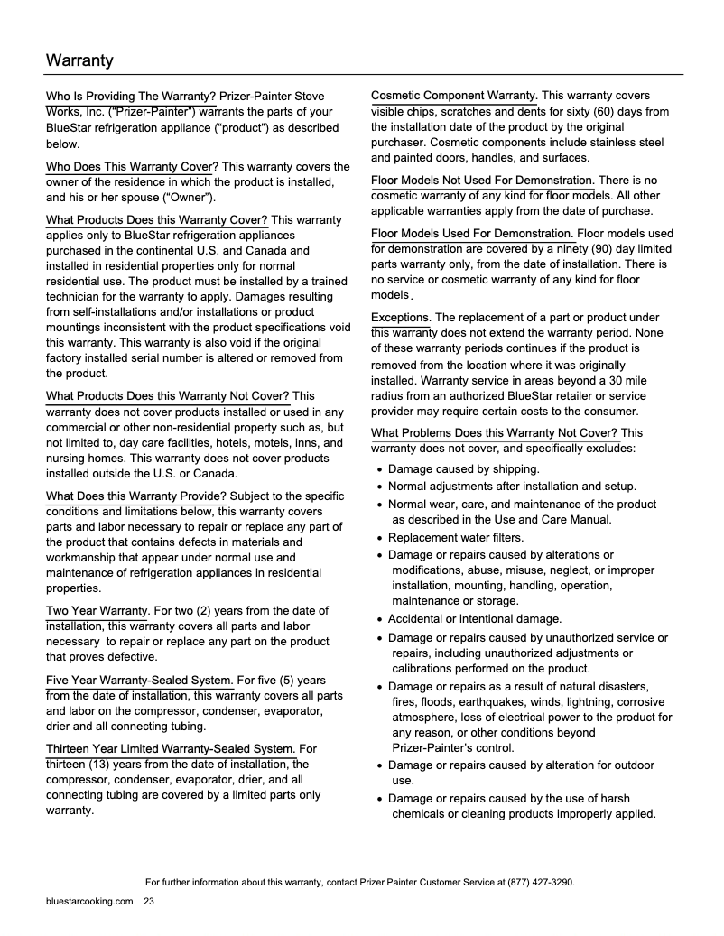 Page 1 de la notice Informations de garantie BlueStar BIRP30L0