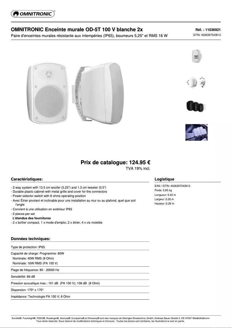 Page 1 de la notice Fiche technique Omnitronic OD-5T
