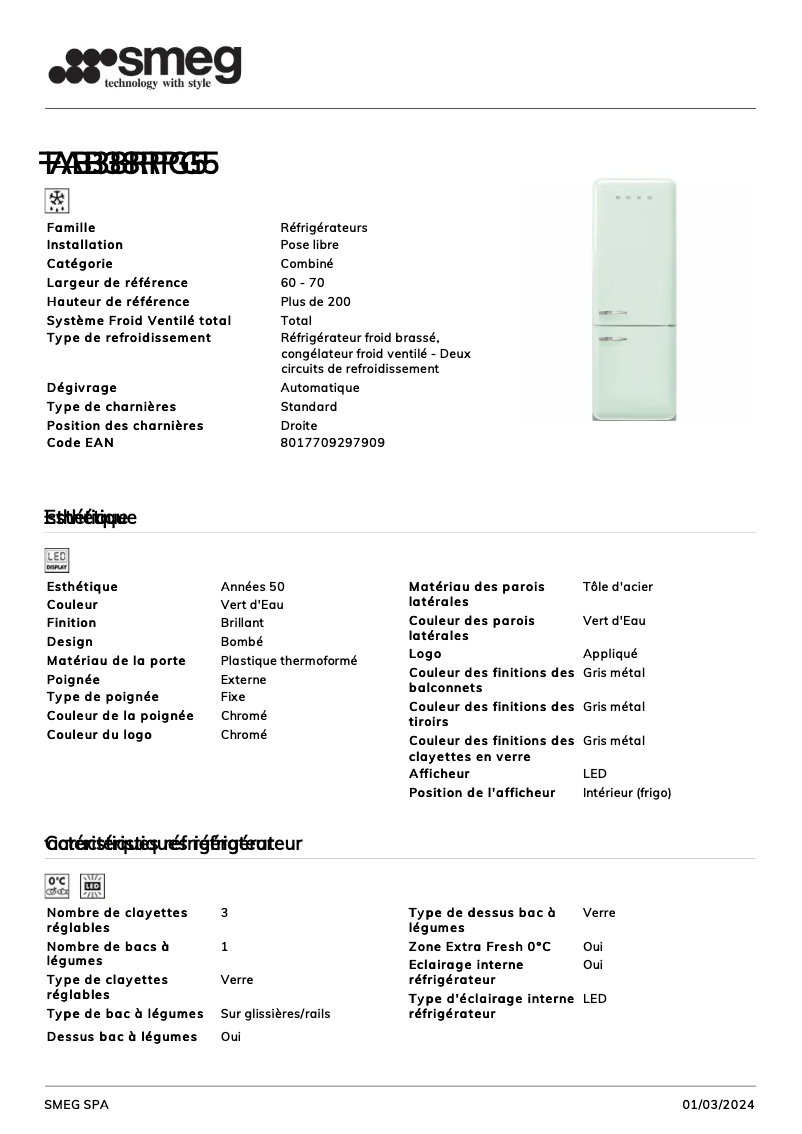 Page 1 de la notice Fiche technique Smeg FAB38RPG5