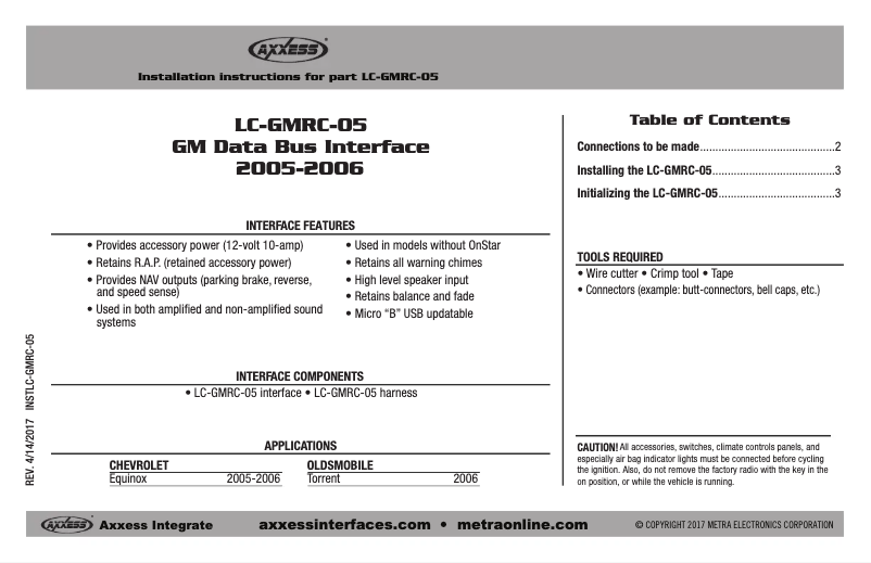 Page n°1 - Guide d'installation Metra LC-GMRC-05