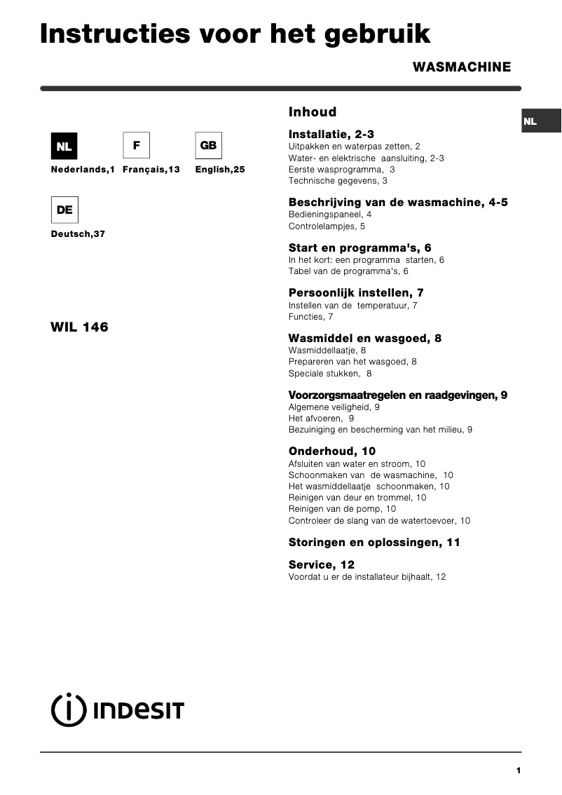 Page 1 de la notice Manuel utilisateur Indesit WIL 146 (NL) (TE)