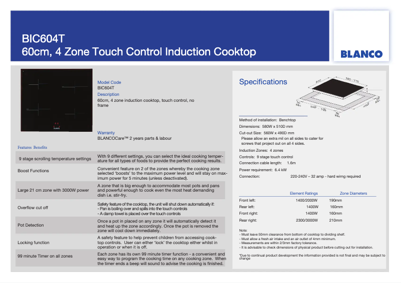 Page 1 de la notice Fiche technique BLANCO BIC604T