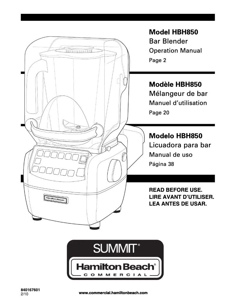 Page n°1 - Manuel utilisateur Hamilton Beach Summit HBH850
