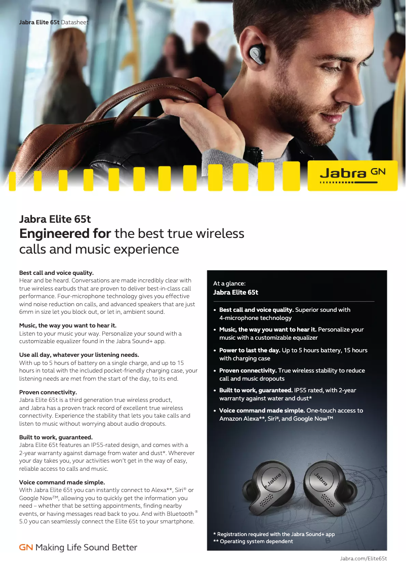 Page 1 de la notice Fiche technique Jabra Elite 65t