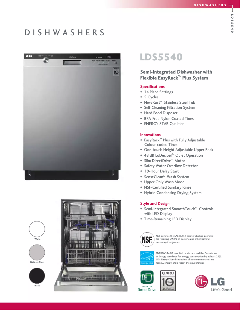 Page 1 de la notice Fiche technique LG LDS5540WW