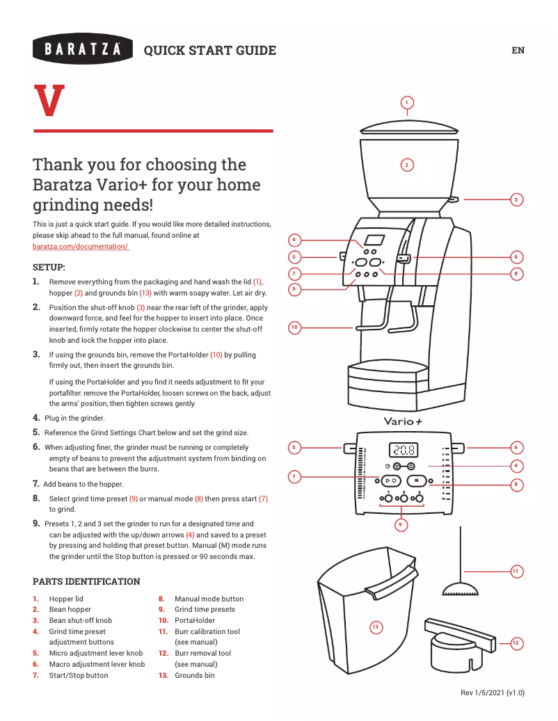 Page n°1 - Guide de démarrage rapide Baratza Vario+
