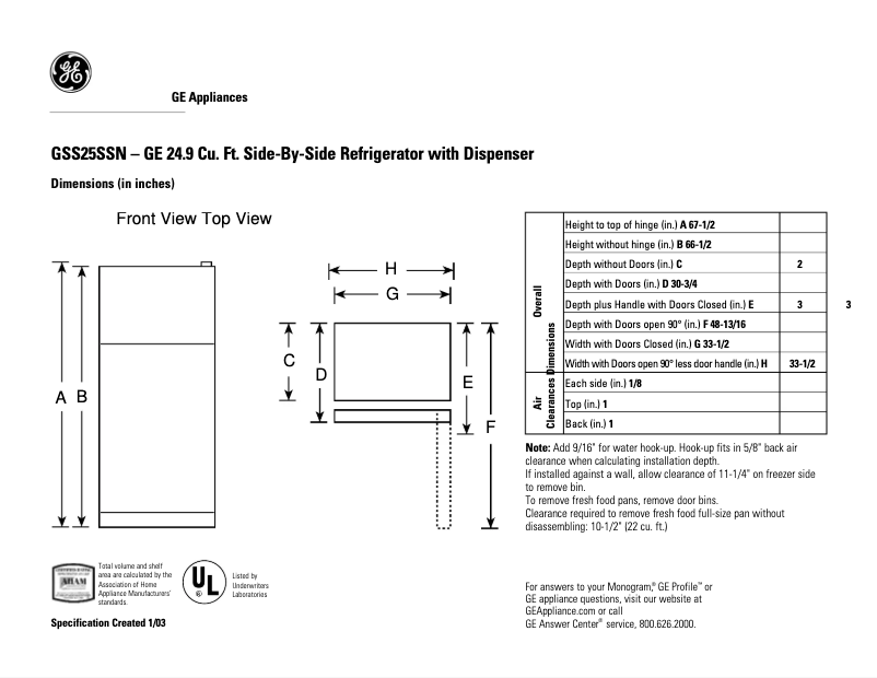 Page n°1 - Fiche technique GE GSS25SSNSS