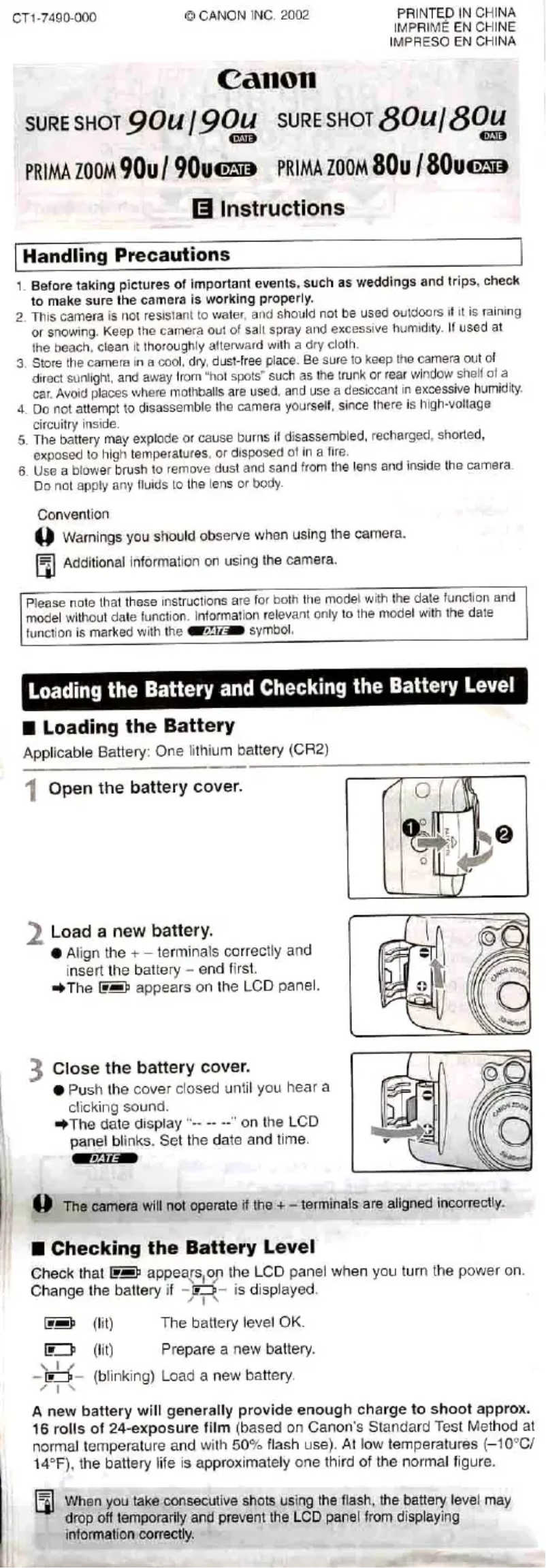 Page 1 de la notice Manuel utilisateur Canon Prima Zoom 90u