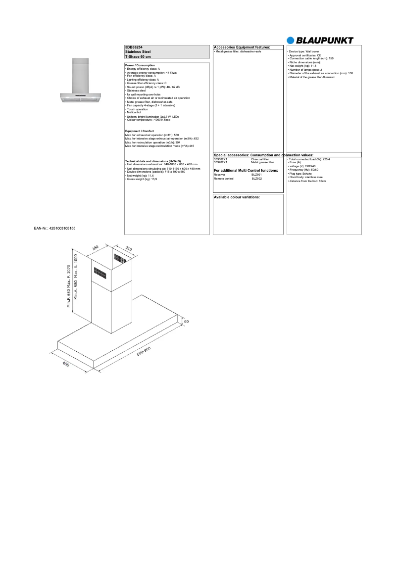Page 1 de la notice Fiche technique Blaupunkt 5DB66254
