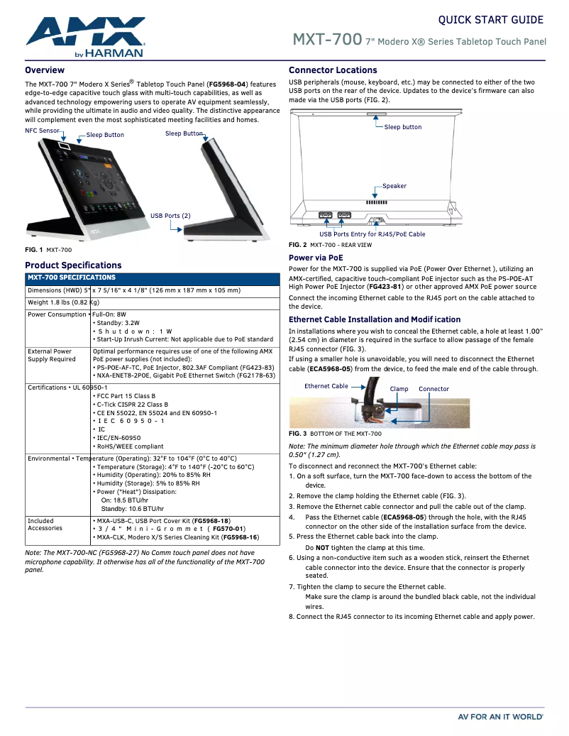 Page 1 de la notice Guide de démarrage rapide AMX MXT-700