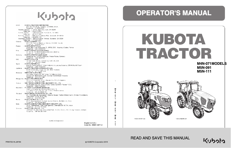 Page 1 de la notice Manuel utilisateur Kubota M5N-111HDCC12