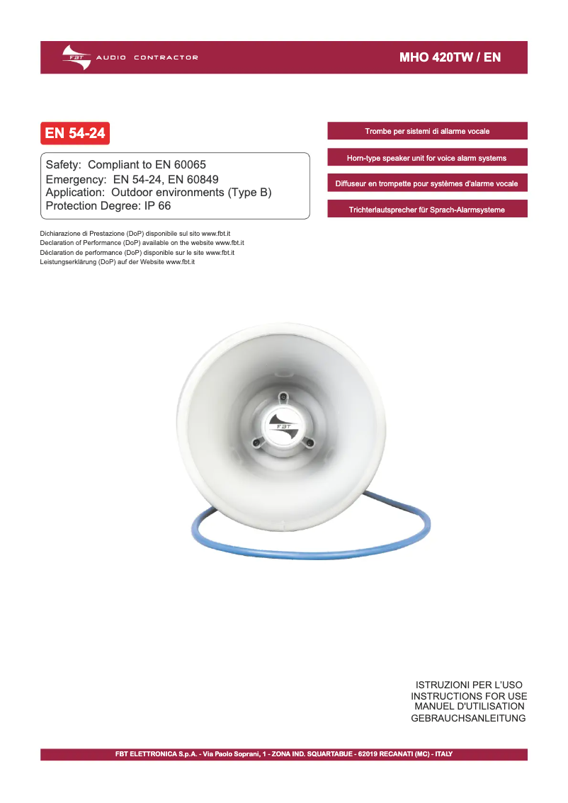 Page n°1 - Manuel utilisateur FBT MHO 420 TW