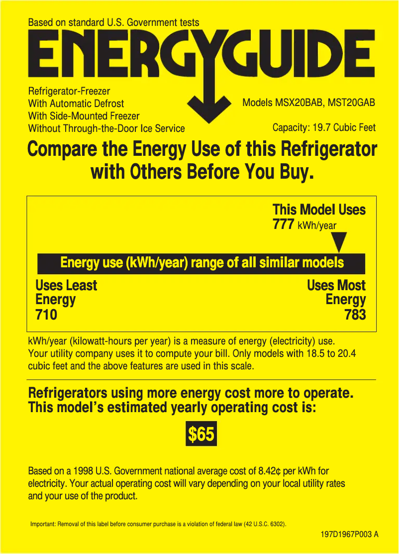 Page 1 of the manual Energy Label RCA MSX20BABAD