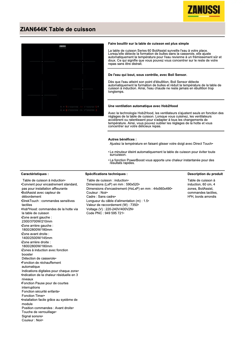 Página 1 del manual Ficha técnica Zanussi ZIAN644K