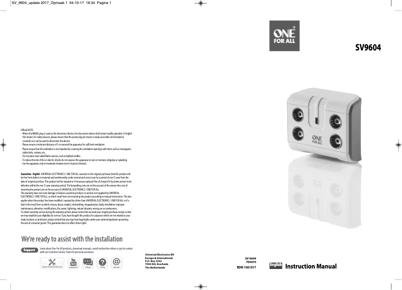 Page 1 de la notice Manuel utilisateur One for all SV 9604