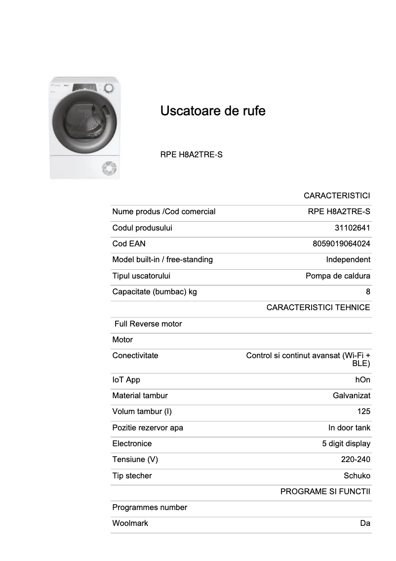 Page 1 de la notice Fiche technique Candy RPE H8A2TRE-S