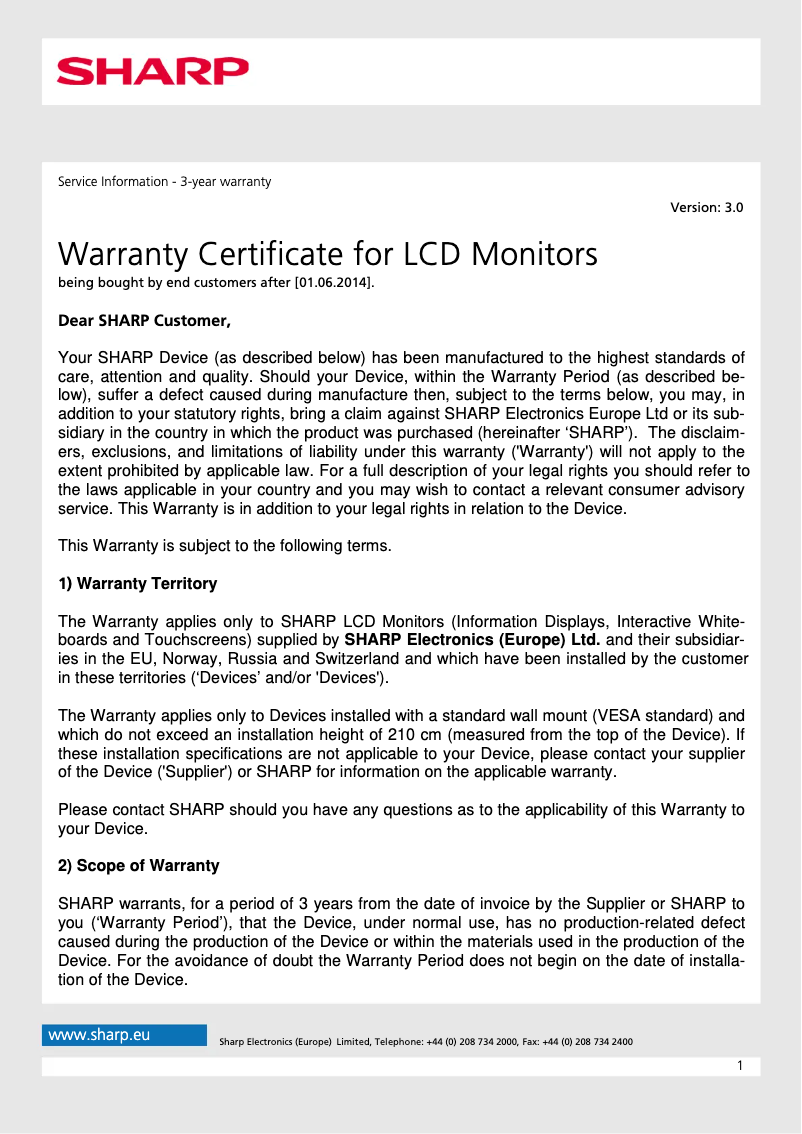 Page 1 de la notice Informations de garantie Sharp PN-L652B