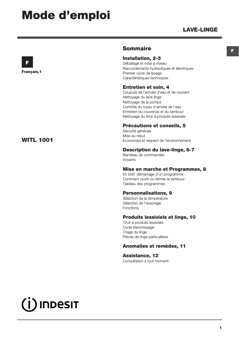 Page 1 de la notice Manuel utilisateur Indesit WITL 1001