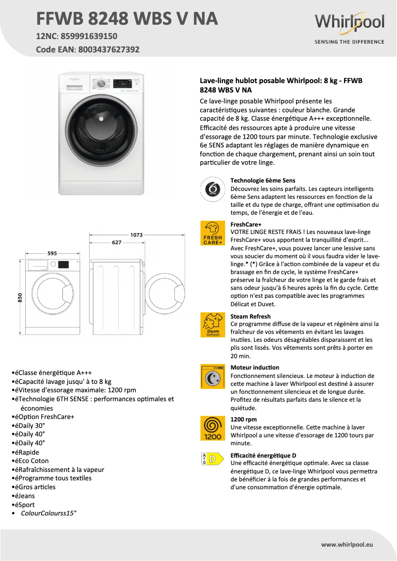Page 1 de la notice Fiche technique Whirlpool FFWB 8248 WBS V NA