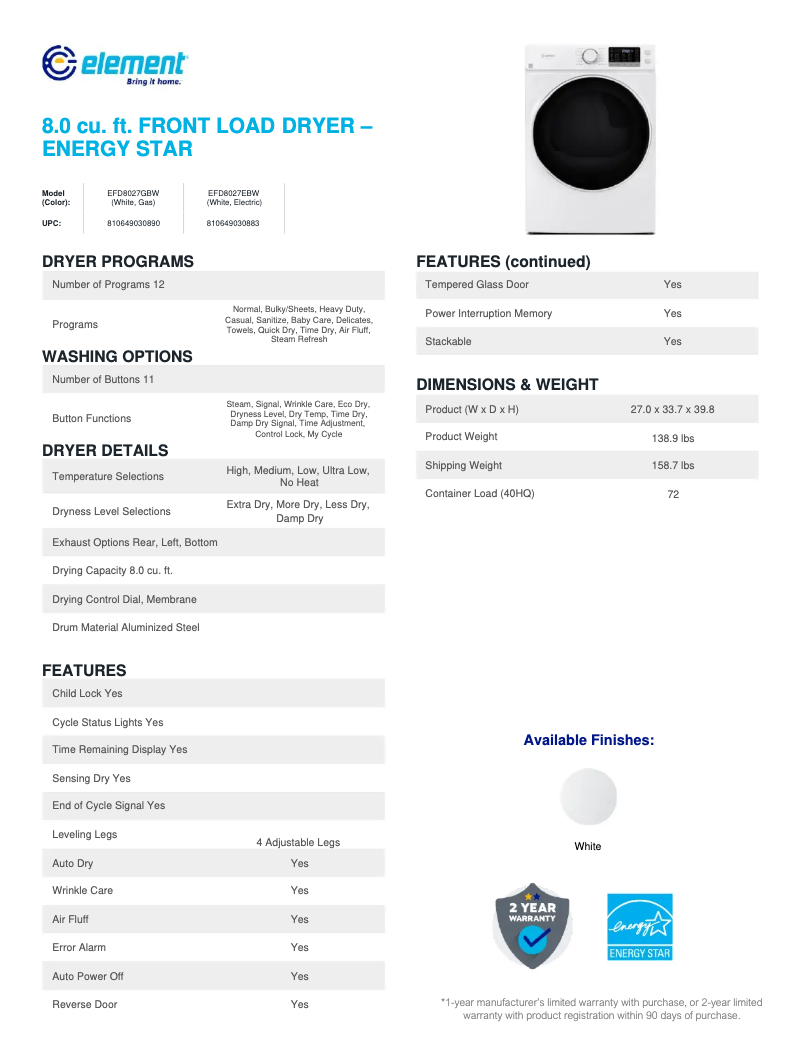 Image de la première page du manuel de l'appareil EFD8027EBW