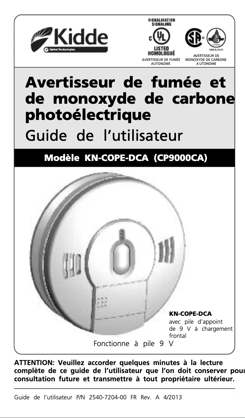 Page n°1 - Manuel utilisateur Kidde CP9000CA