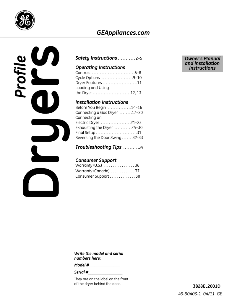 Page n°1 - Manuel d'utilisation et d'entretien GE Profile Harmony PTDN800GMWW