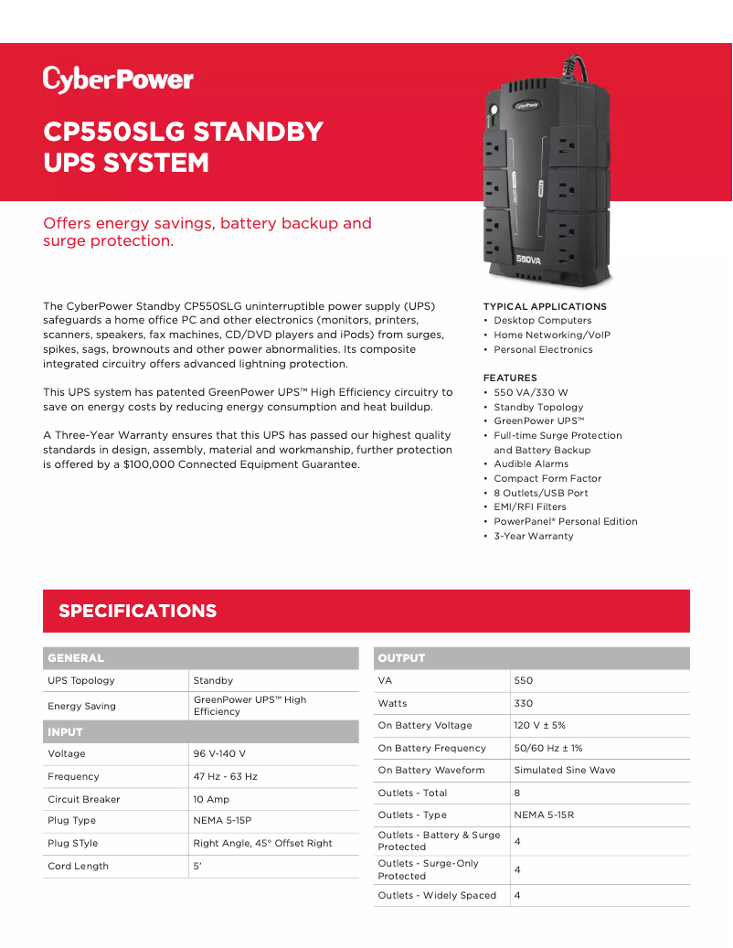 Page n°1 - Fiche technique CyberPower CP550SLG