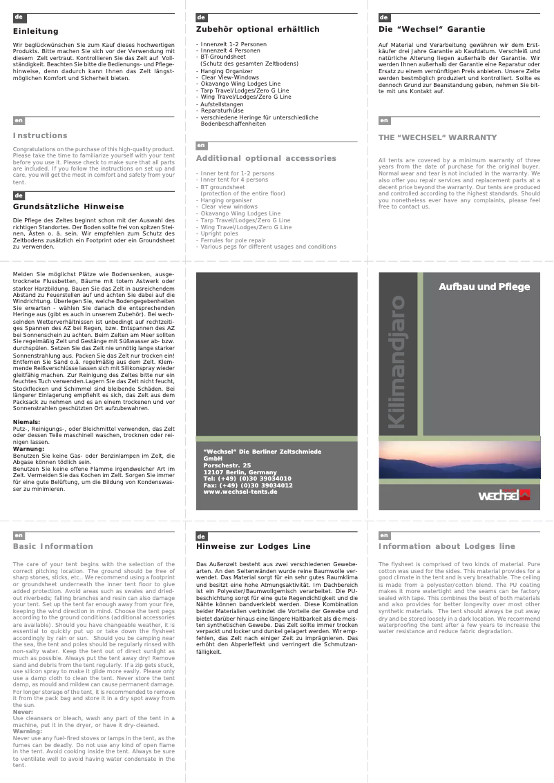 Page n°1 - Manuel utilisateur Wechsel Kilimandjaro