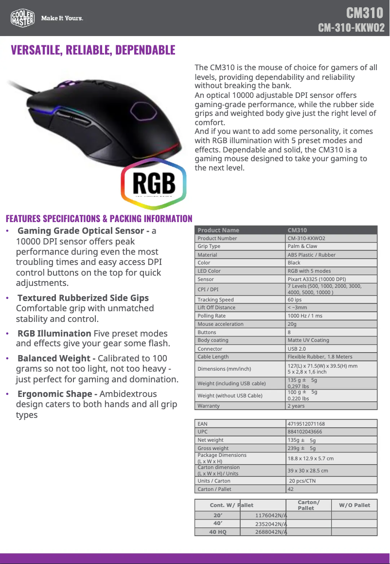 Page 1 de la notice Fiche technique Cooler Master CM310