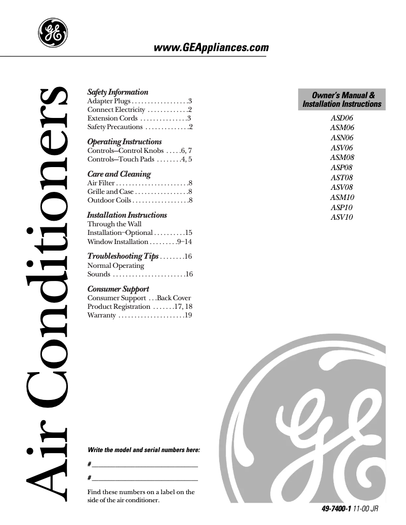 Page n°1 - Manuel d'utilisation et d'entretien GE ASM08FC