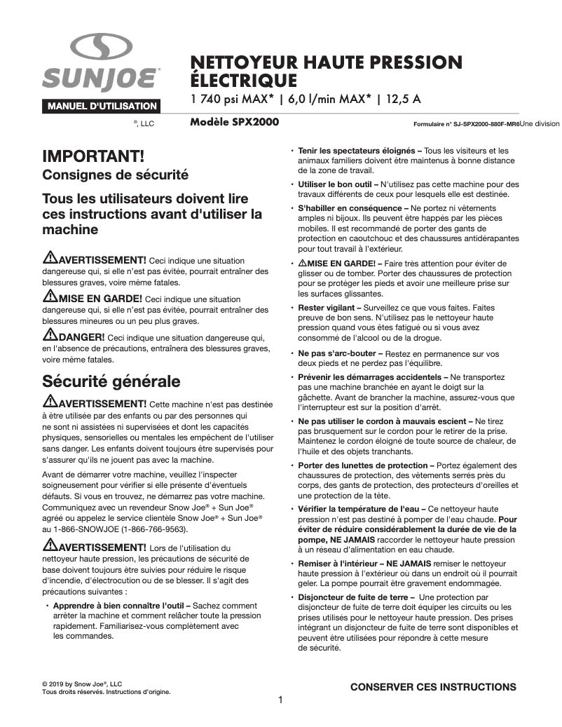 Page 1 de la notice Manuel utilisateur Sun Joe SPX2000