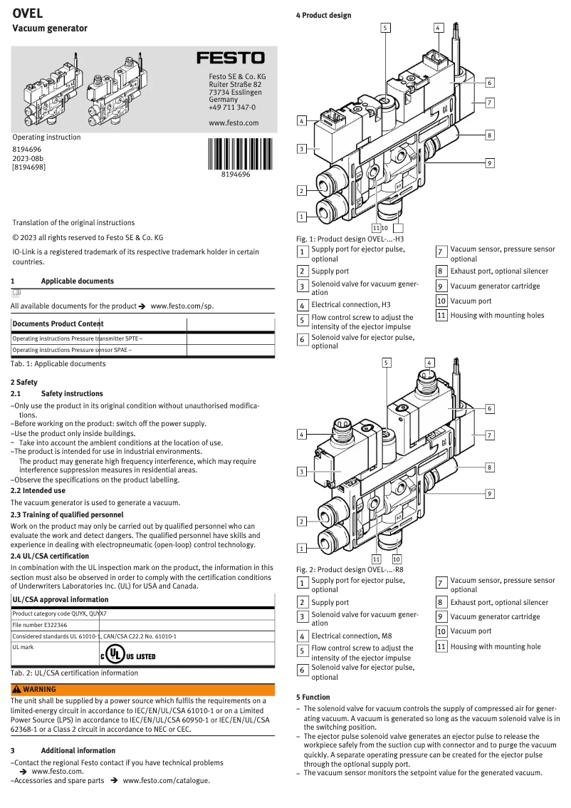 Page 1 de la notice Manuel utilisateur Festo OVEL-7-H-15-PQ-VQ4-UA-C-A-V1B-H3