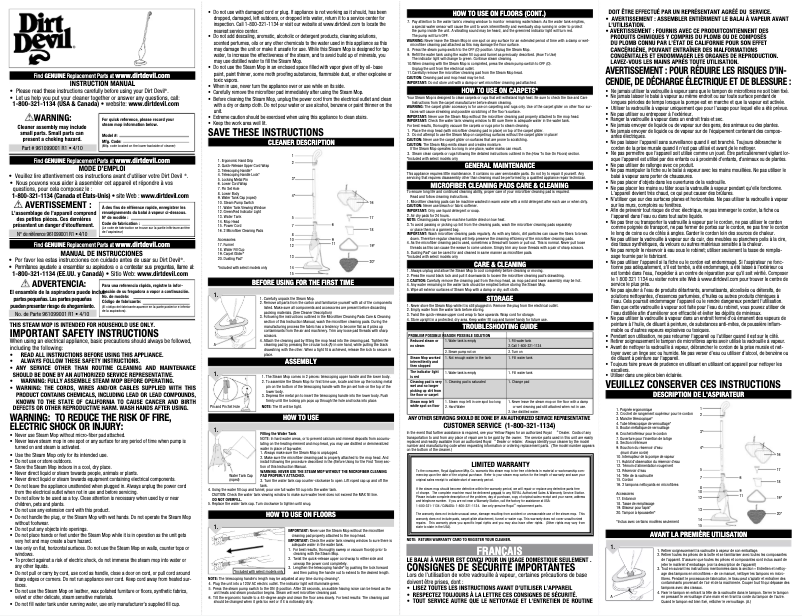 Page 1 de la notice Manuel utilisateur Dirt Devil Easy Steam PD20000