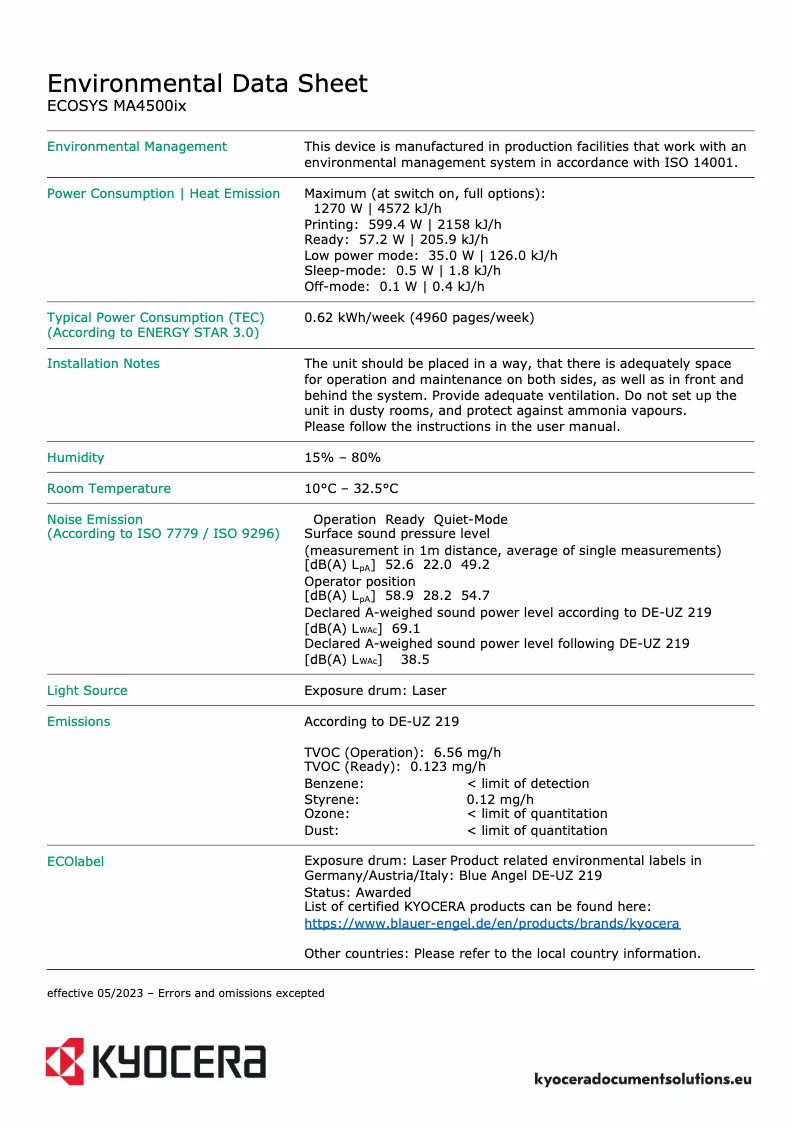 Page 1 de la notice Fiche technique Kyocera ECOSYS MA4500ix