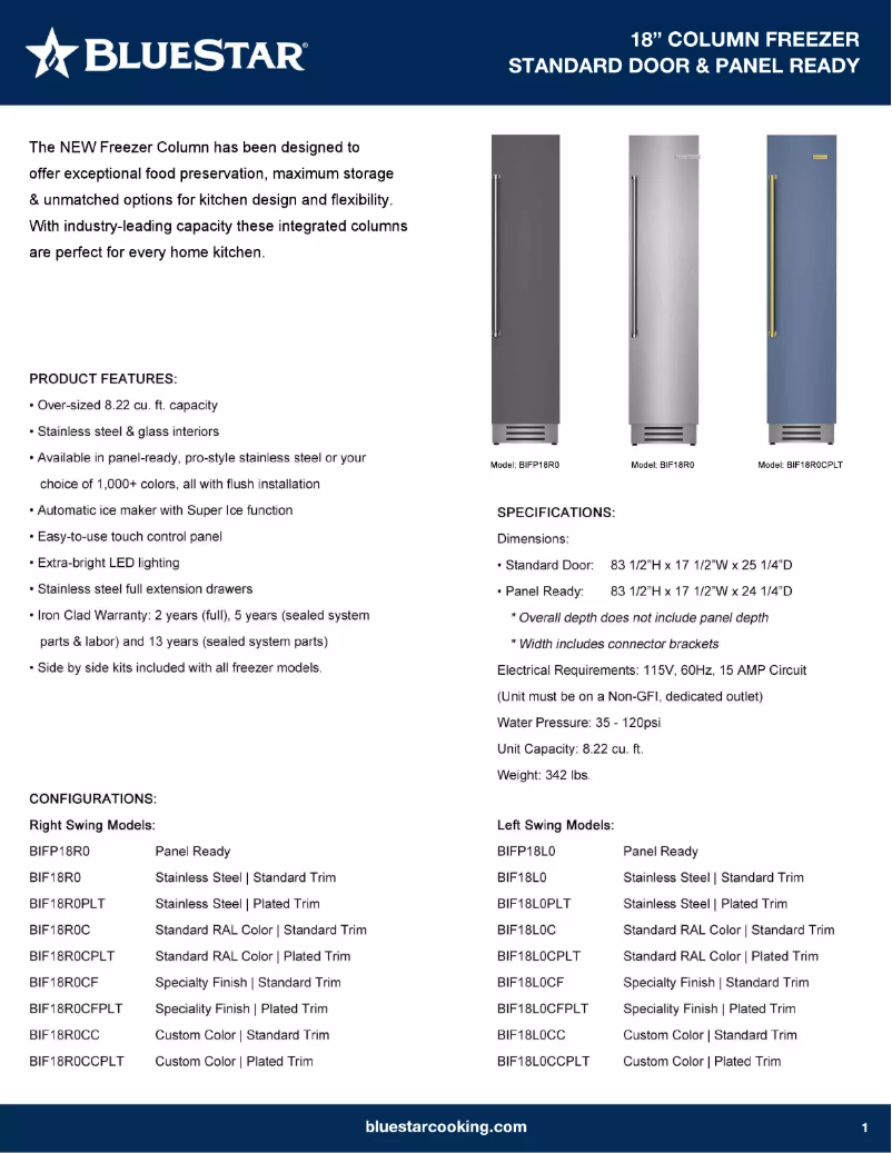 Page 1 de la notice Fiche technique BlueStar BIFP18L0