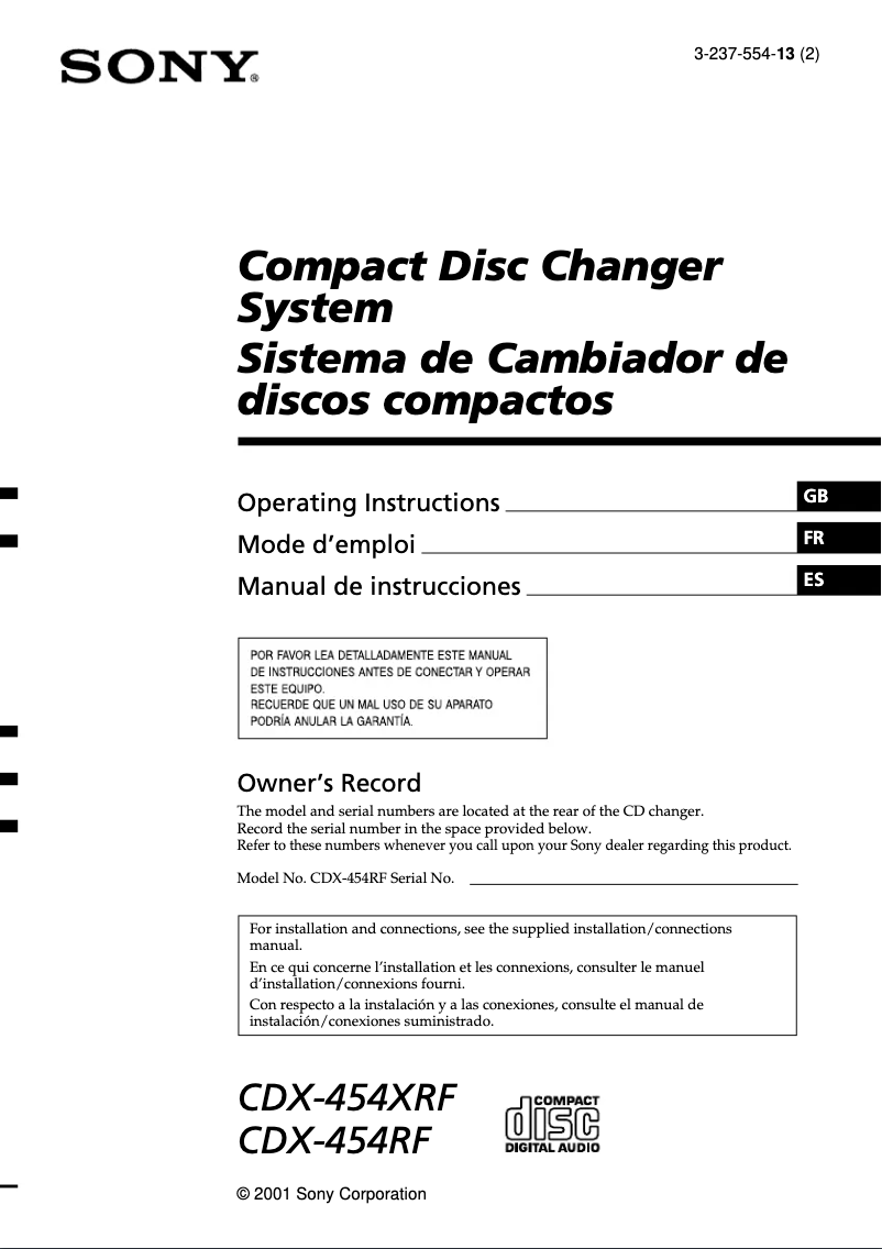 Page n°1 - Manuel utilisateur Sony CDX-454RF