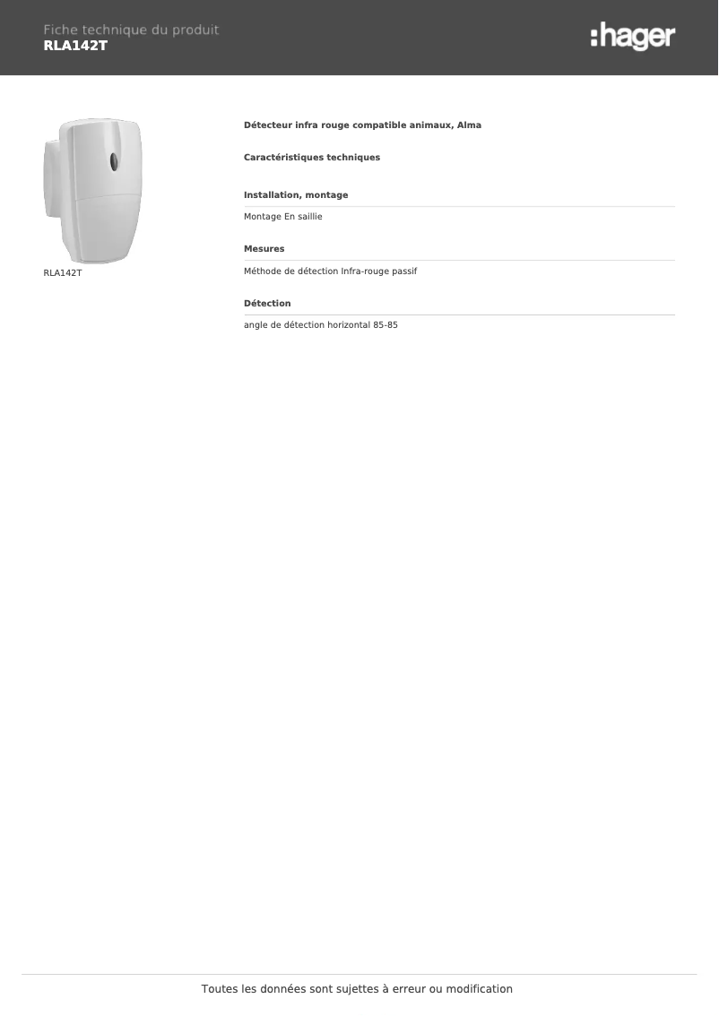 Page 1 de la notice Fiche technique Hager RLA142T