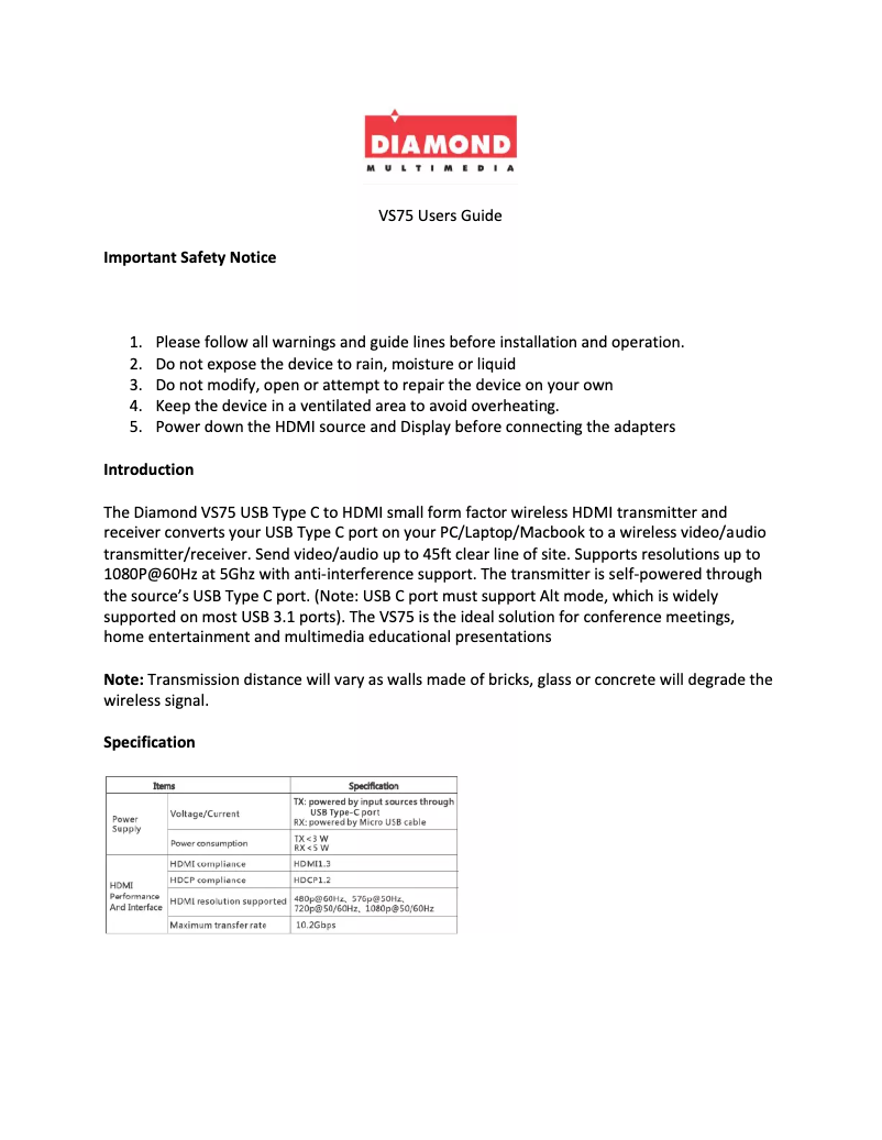 Page 1 de la notice Manuel utilisateur Diamond VS75