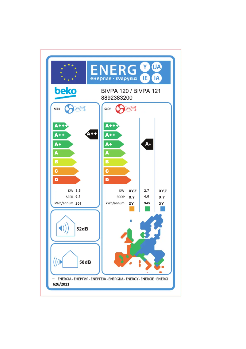 Page 1 de la notice Label énergétique Beko BIVPA 120/ BIVPA 121